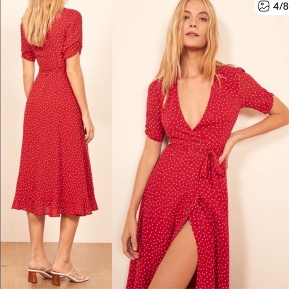 Reformation Napa Wrap Midi Dress in Red and White Polka Dot - Picture 2 of 12